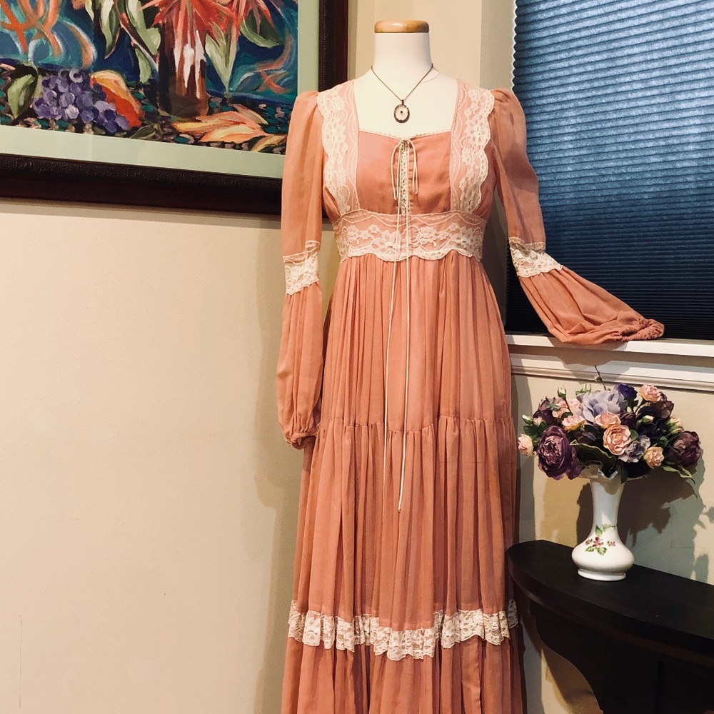 Vtg 70s Gunne Sax Victorian Maxi Prairie Corset Dress Rose Pink - Vtg 9 or S - Picture 2 of 15